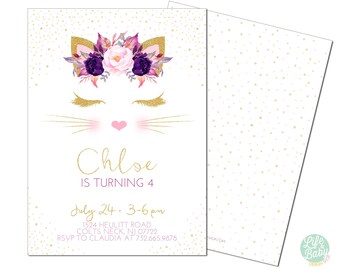 Kitten Birthday Invitation, Kitty Cat Birthday Invite, Cat Face Invitation, Cat Invitation, Kitten Invitation- 5x7 with reverse side