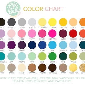 Op de afbeelding: Een kleurenkaart met een verscheidenheid aan tinten, waaronder zwart, grijs, geel, roze, paars, blauw, groen, bruin en goud. De kaart bevat de tekst "KLEURENKAART" en de naam van elke kleur. De tekst "Life & Baby Design Shop" is ook aanwezig.