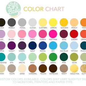 Puede incluir: Carta de colores con 36 muestras de colores diferentes en c&iacute;rculos. Los colores est&aacute;n etiquetados con nombres como negro, guijarro, f&oacute;sil, nube, natillas, lim&oacute;n, dorado, melocot&oacute;n, tigre, lila, rubor, rosa, caramelo, ponche, rosa intenso, vino, cereza, naranja, morado, violeta, uva, azul marino, azul real, cielo, azul marino, tiffany, pavo real, turquesa, spa, &aacute;rtico, menta, lima, hierba, pino, oliva, salvia, caqui, topo, arena, caramelo, nuez pecana, espresso, kraft, l&aacute;mina de oro y purpurina. El texto "Colores personalizados disponibles. Los colores pueden variar ligeramente debido a los monitores, las impresoras y el tipo de papel." est&aacute; en la parte inferior de la carta.