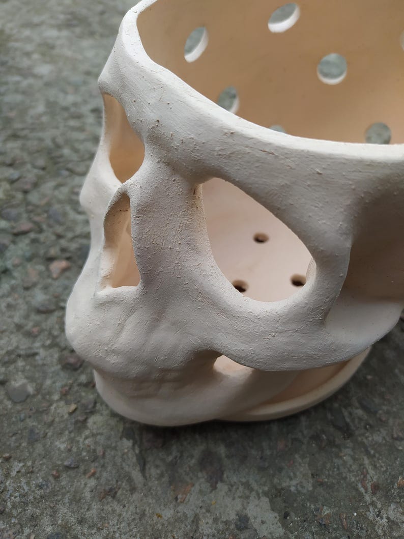 May include: A cream-colored ceramic skull-shaped planter. The planter has large eye and nose openings, and several small circular drainage holes. The skull's surface has a textured, matte finish, and the overall design is a unique decorative item.