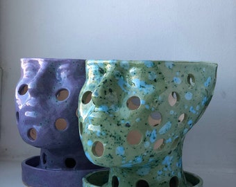 Green Orchid Pots with Holes | Ceramic Orchid Planter | Handmade Clay Planter