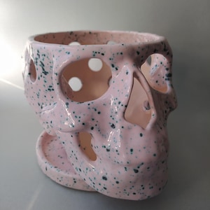 Puede incluir: Una maceta de cer&aacute;mica con forma de cr&aacute;neo, esmalte rosa claro brillante y motas de color verde oscuro. La maceta presenta cuencas oculares, cavidad nasal y aberturas circulares en el cr&aacute;neo, y descansa sobre un plato rosa a juego.