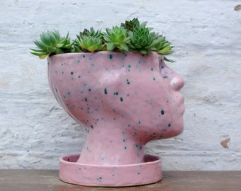 Pink Ceramic Flowerpot | Woman Face Planter | Head Vase | Flower Pot with Drainage | Ceramic Head Vase