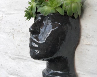 Grey Hanging Flower Pot | Woman Face Planter | Wall Ceramic Cachepot