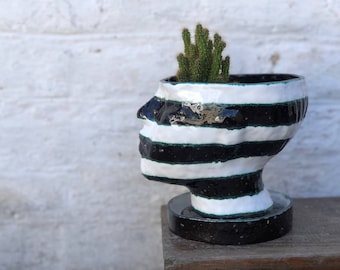 Head Plant Pot / Striped Black and White Glazed Ceramic Flowerpot / Striped Eclectic Modern Planter