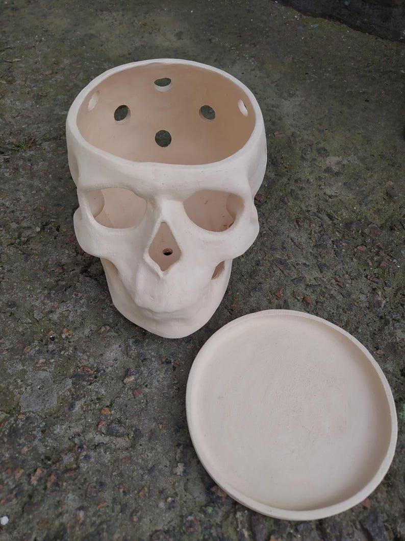 May include: A cream-colored skull-shaped planter with a matching round saucer. The planter has eye sockets, a nose cavity, and a top with several drainage holes. The planter and saucer are made of a matte material.