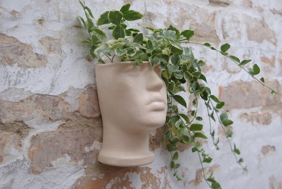 Terrakotta Wandkopf Pflanzgefäß | Beige Wand Blumentopf | Gesicht Frau Cachepot