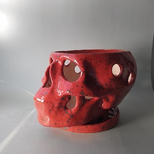 Puede incluir: Una maceta de cer&aacute;mica roja con forma de calavera, acabado brillante y motas azul oscuro. La calavera presenta cuencas oculares y cavidades nasales recortadas, y descansa sobre una base de platillo circular de cer&aacute;mica roja a juego.