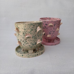 May include: Two ceramic planters, one in speckled cream and green, the other in speckled pink. Both have cut-out details and sit on matching saucers. The planters are designed for small plants or succulents.