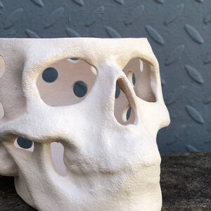May include: A white, ceramic skull-shaped planter with large eye sockets and nose cavity. The planter has several circular holes on the sides. The skull is placed on a weathered wooden surface, with a gray metal background.