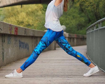 Blue Bird Yoga Leggings / Printed Recycled Yoga Pants / Yoga Tights Made in Germany