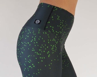 Green Butterfly Yoga Leggings / Black Yoga Tights with Green Dots