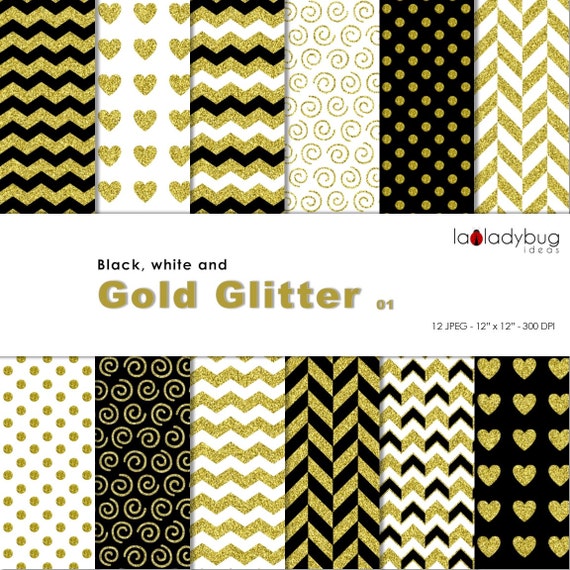 Schwarz Weiss Und Gold Glitzer Muster Papier Sofortiger Etsy
