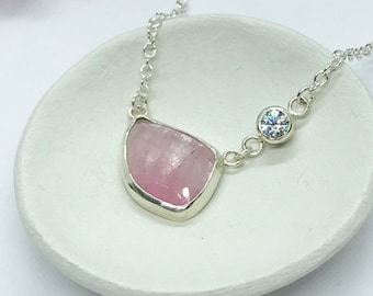 Pale Pink Tourmaline Necklace with CZ, Sterling Silver with Free Form Natural Tourmaline