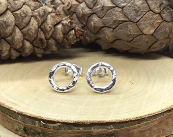 Hammered Circle Earrings, Sterling Silver Round Studs, Open Circle