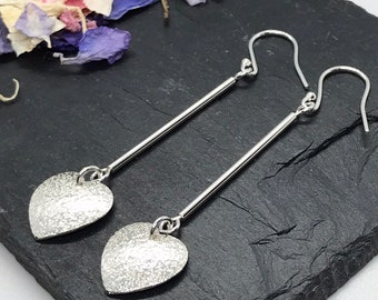 Long Dangle Heart Earrings, Textured Heart, Sterling Silver