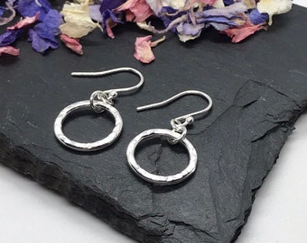 Open Circle Dangly Drop Earrings, Sterling Silver Textured Circle