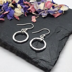 Open Circle Dangly Drop Earrings, Sterling Silver Textured Circle