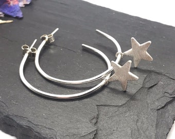 Star Hoop Earrings, Large Sterling Silver Hoops