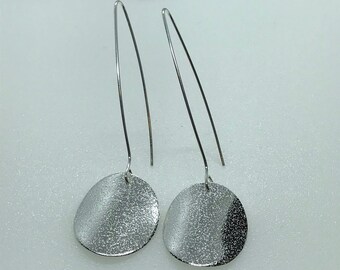 Disk Silver Earrings, Sterling Silver Round Textured Circle, Dangle Drop