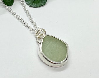 Pale Aqua Green Sea Glass Necklace, Sterling Silver with Seafoam Sea Glass