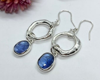 Tanzanite Molten Circle Drop Earrings,  Sterling Silver Hallmarked