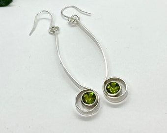 Peridot Drop Earrings, Green Faceted Peridot Earrings, Sterling Silver