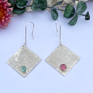 Square Statement Earrings, Asymmetrical with Pink and Turquoise Tourmalines, Drop Earrings, Hallmarked Sterling Silver image 3
