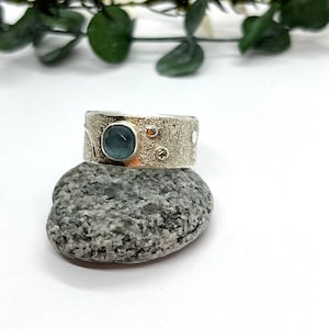 Moss Aquamarine Ring, Sterling Silver Textured Wide Band