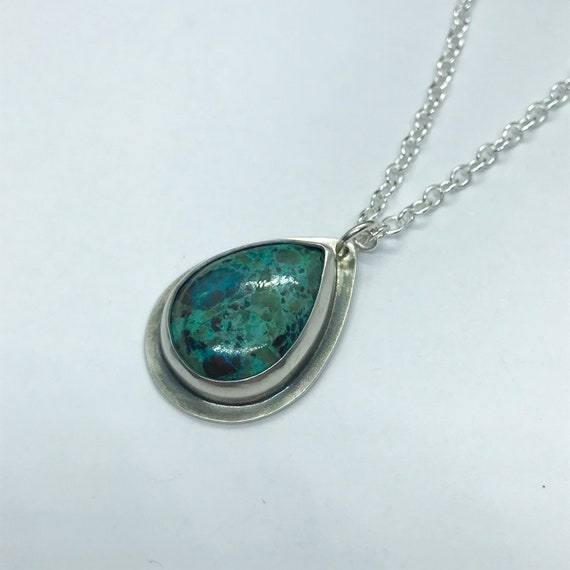 Green Blue Chrysocolla Necklace, Sterling Silver