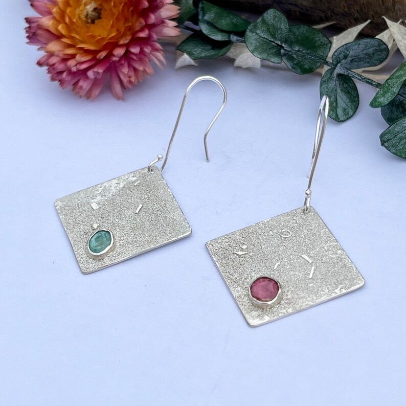 Square Statement Earrings, Asymmetrical with Pink and Turquoise Tourmalines, Drop Earrings, Hallmarked Sterling Silver image 7