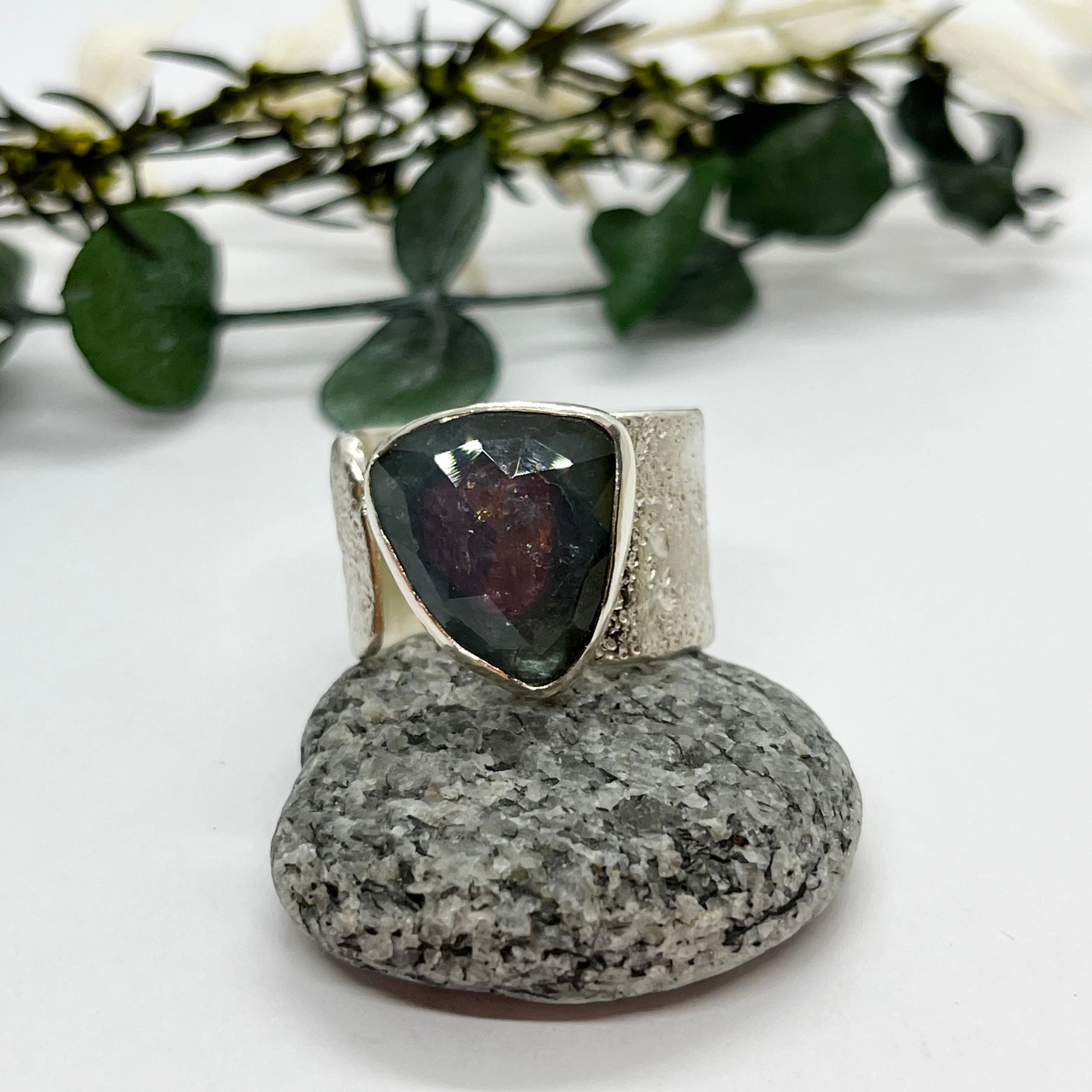 Blue Purple Tourmaline Ring, Open Wide Band Textured Sterling