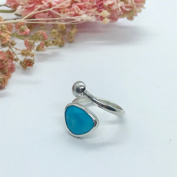 Freeform Turquoise Ring, Adjustable Open Ring, Sterling Silver