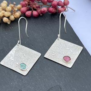 Square Statement Earrings, Asymmetrical with Pink and Turquoise Tourmalines, Drop Earrings, Hallmarked Sterling Silver image 8