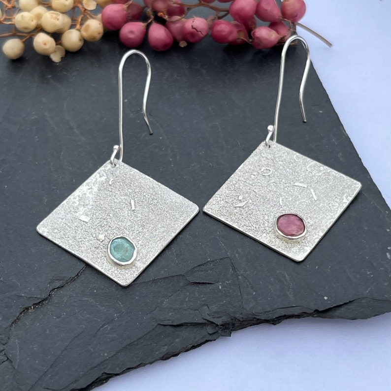 Square Statement Earrings, Asymmetrical with Pink and Turquoise Tourmalines, Drop Earrings, Hallmarked Sterling Silver image 2