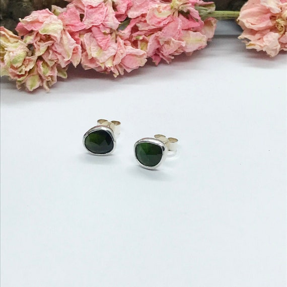 Green Tourmaline Stud Earrings, Sterling Silver, Asymmetrical