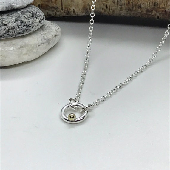 Mini Circle Necklace with Gold Pebble, Tiny Circle Sterling Silver