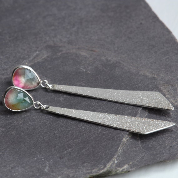 Long Dangle Earrings, Tricolour Tourmaline Pink Green Drop Earrings, Sterling Silver Long Textured Triangle