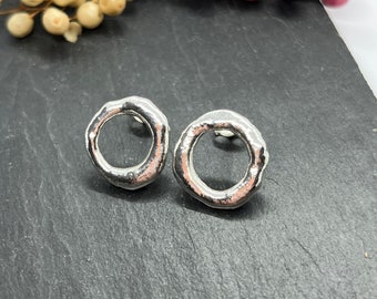 Molten Circle Stud Earrings, Sterling Silver Studs, Open Circle