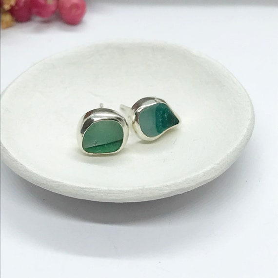 Sea Glass Stud Earrings,Asymmetrical Multi Green, Sterling Silver