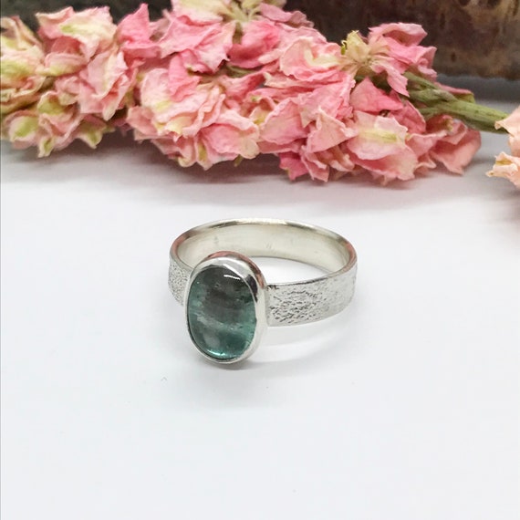 Turquoise Tourmaline Ring, Wide Band Textured Sterling Silver Ring
