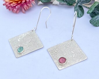 Square Statement Earrings, Asymmetrical with Pink and Turquoise Tourmalines, Drop Earrings, Hallmarked Sterling Silver