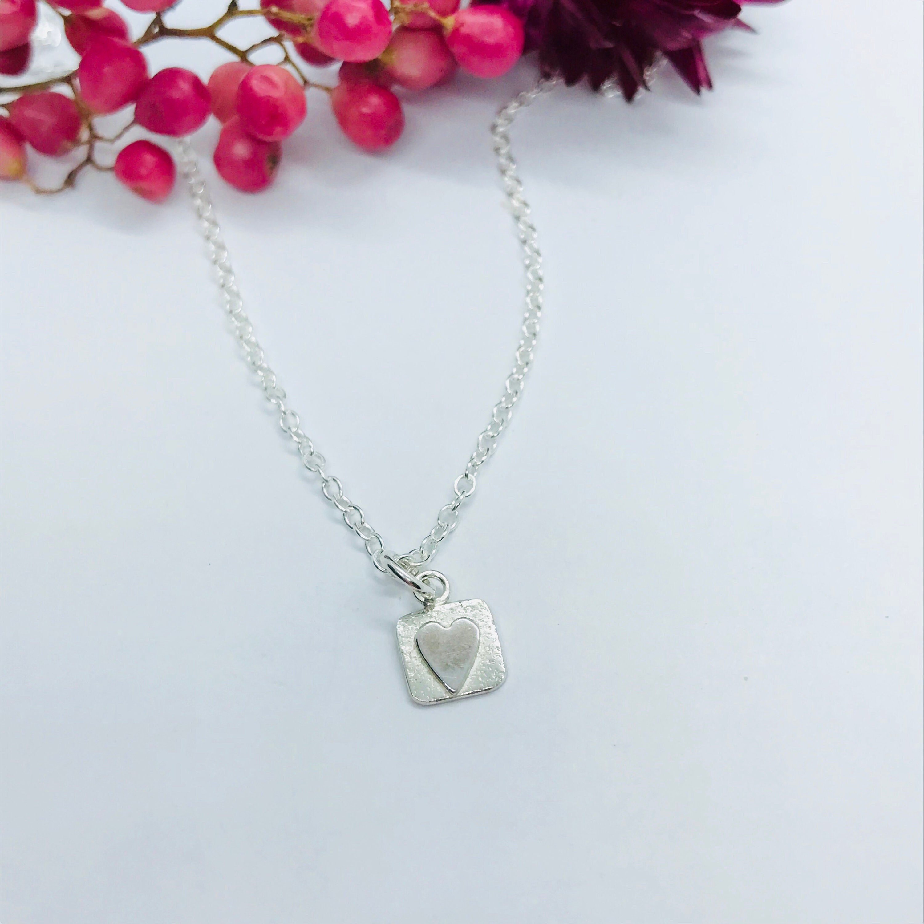 Tiny Tab Heart Necklace,  Sterling Silver Layering Necklace
