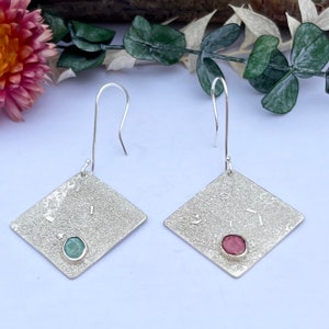 Square Statement Earrings, Asymmetrical with Pink and Turquoise Tourmalines, Drop Earrings, Hallmarked Sterling Silver image 6