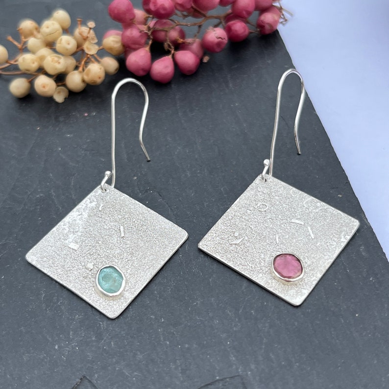 Square Statement Earrings, Asymmetrical with Pink and Turquoise Tourmalines, Drop Earrings, Hallmarked Sterling Silver image 5