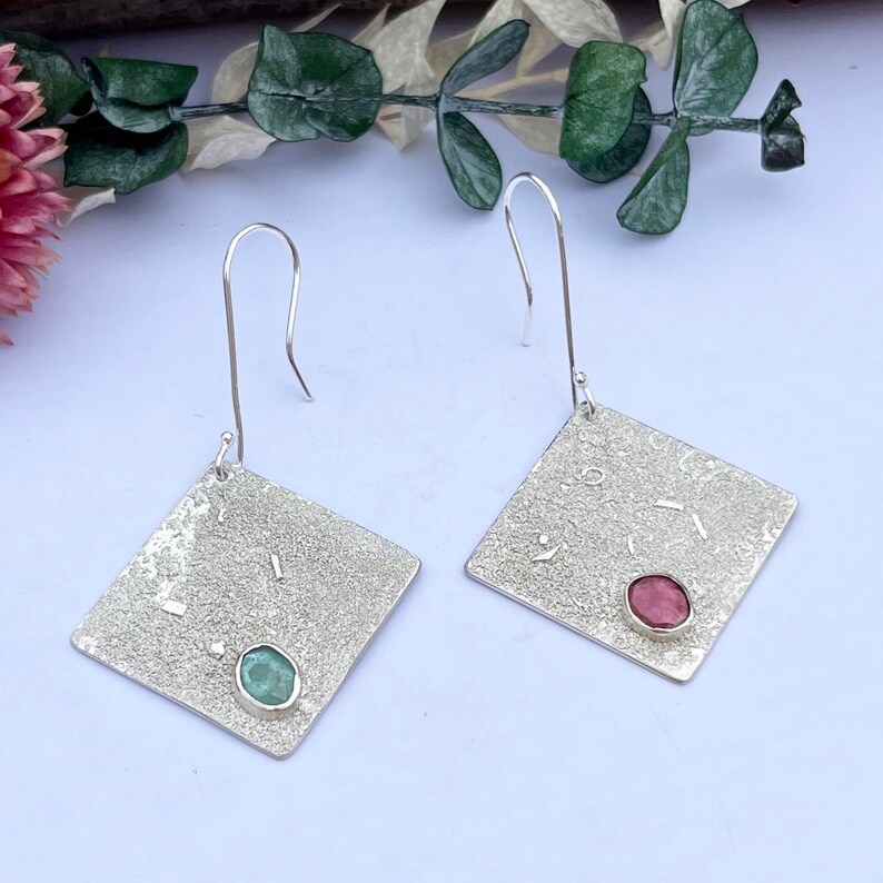 Square Statement Earrings, Asymmetrical with Pink and Turquoise Tourmalines, Drop Earrings, Hallmarked Sterling Silver image 4