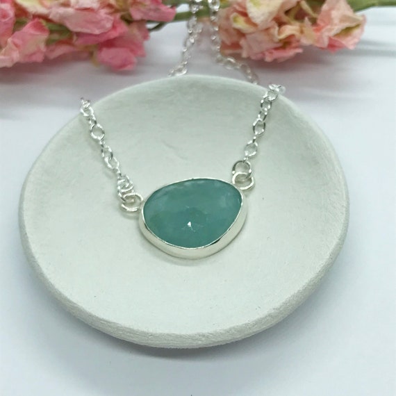 Blue Aquamarine Necklace, Sterling Silver with Free Form Natural Aquamarine, Birthday Gifts