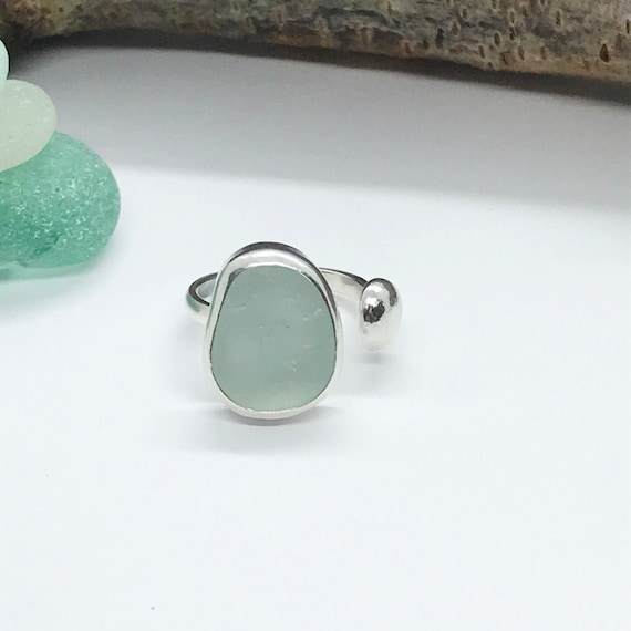 Sea Glass Ring, Aqua Seafoam Adjustable Sterling Silver Ring, Natural Sea Glass