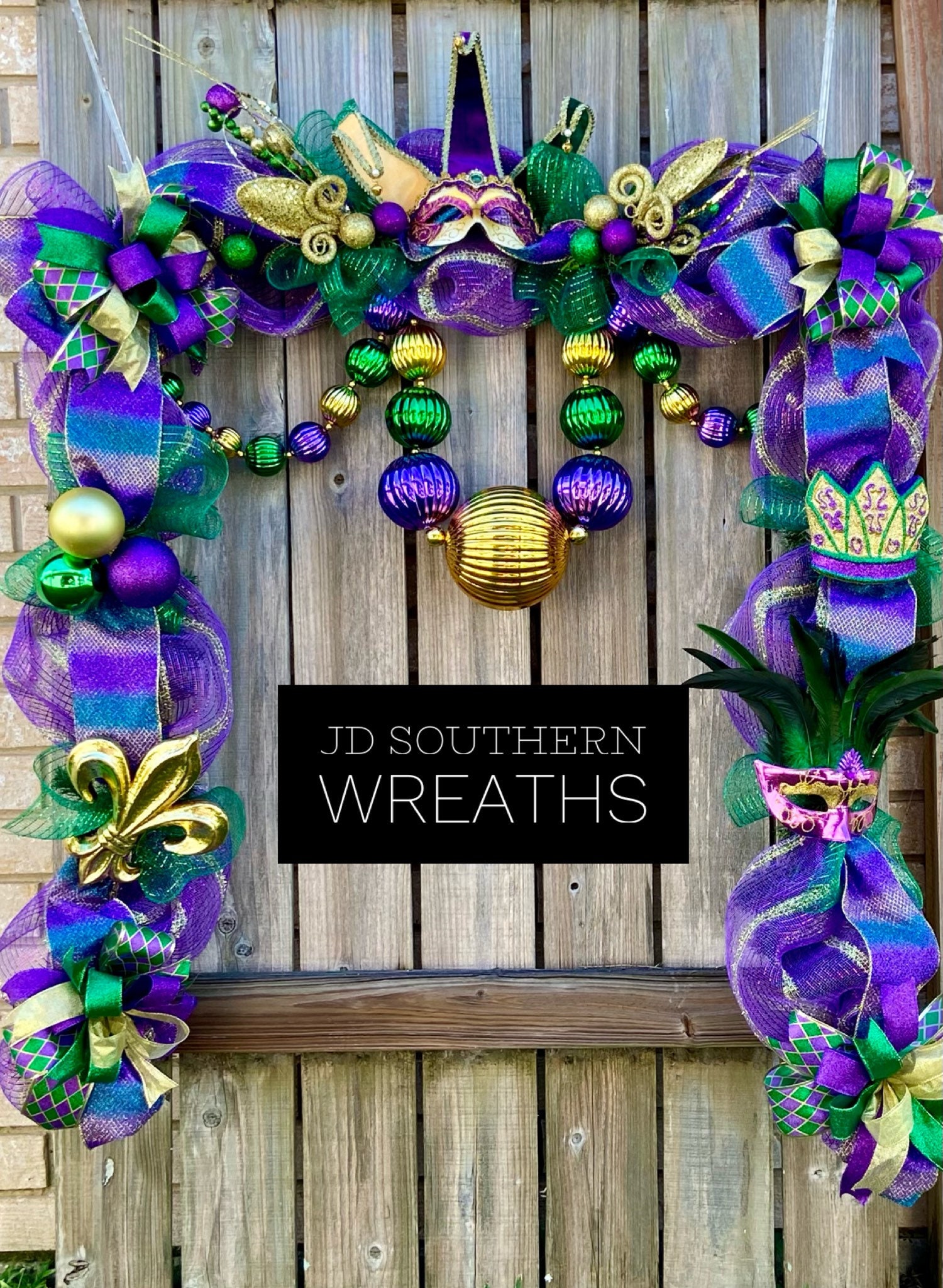 Mardi Gras front door garland. I made it using Christmas clearance items  from Hobby Lobby. Lai…