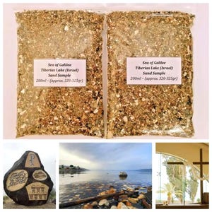 May include: Two clear plastic bags of sand, each with a white label. The labels read "Sea of Galilee Tiberias Lake (Israel) Sand Sample 200ml - (approx. 320-325gr)." The image also includes three additional photos of the Sea of Galilee.